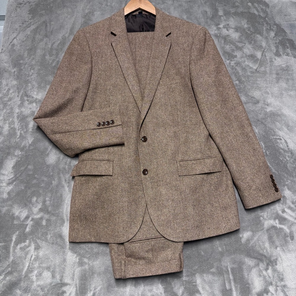 J Crew Thompson Suit Mens 44L 34x34 Brown Flannel Wool Blend Tweed Old Money